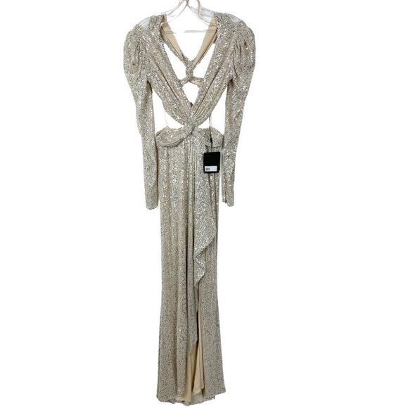 NWT Mac Duggal Silver Sequined Criss Cross Long Sleeve Gown Nude 2 - Picture 3 of 8